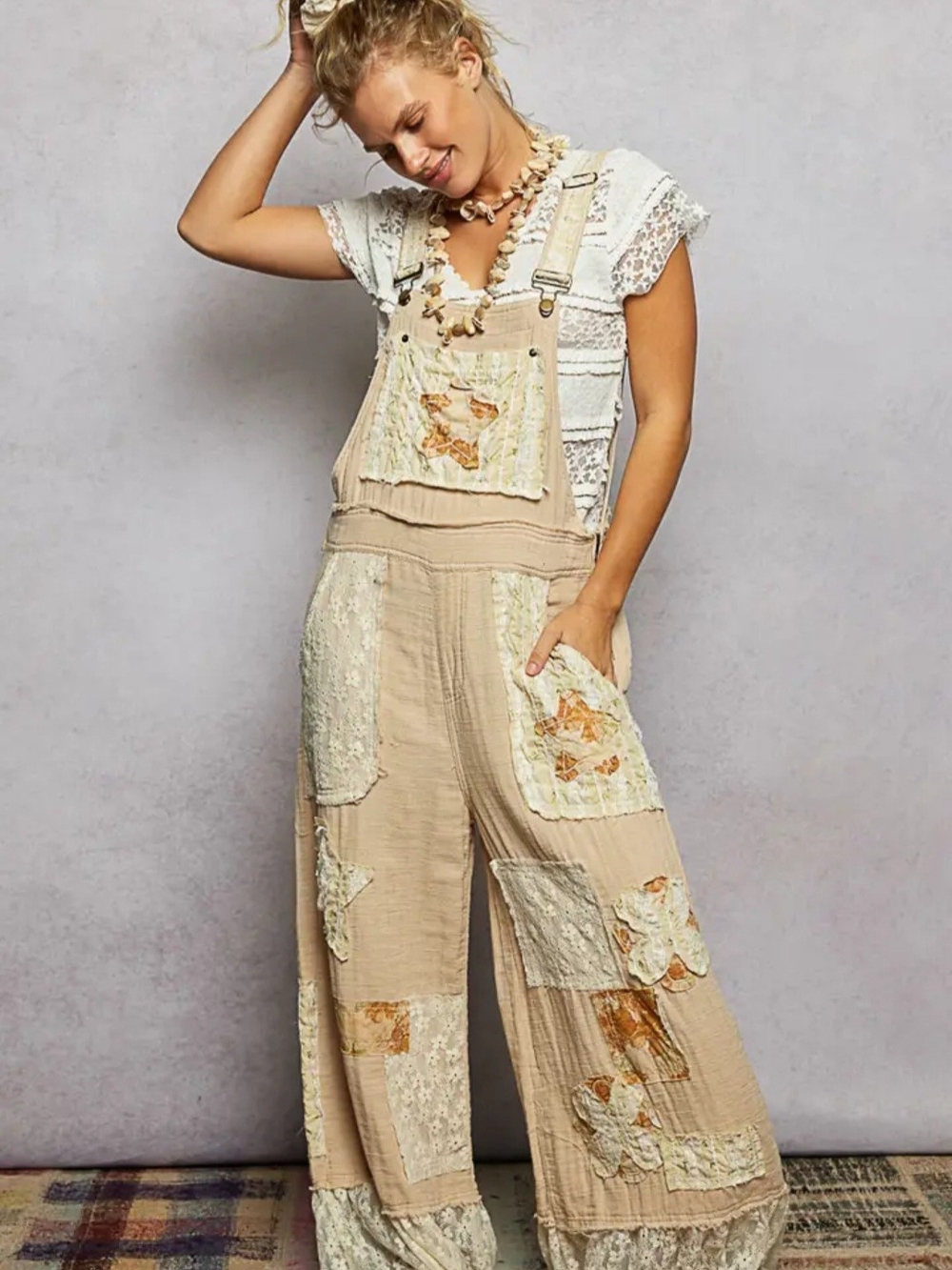POL Beige Patchwork Wide-Leg Overalls NWOT